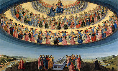 The Assumption of the Virgin by Francesco Botticini at the National Gallery London, shows three hierarchies and nine orders of angels, each with different characteristics. [Photo uploaded by The Rosary Team] 